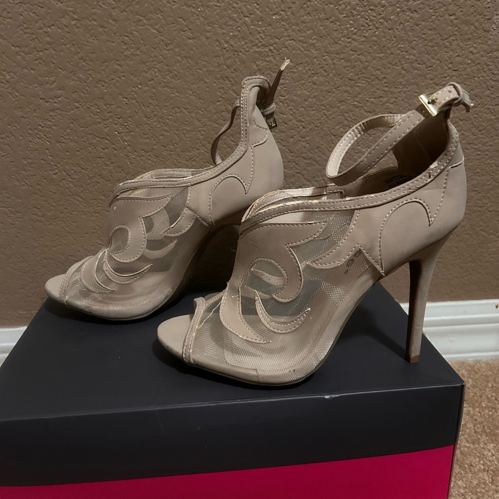 Dollhouse Cream Tan Stiletto Heels with Intricate Design